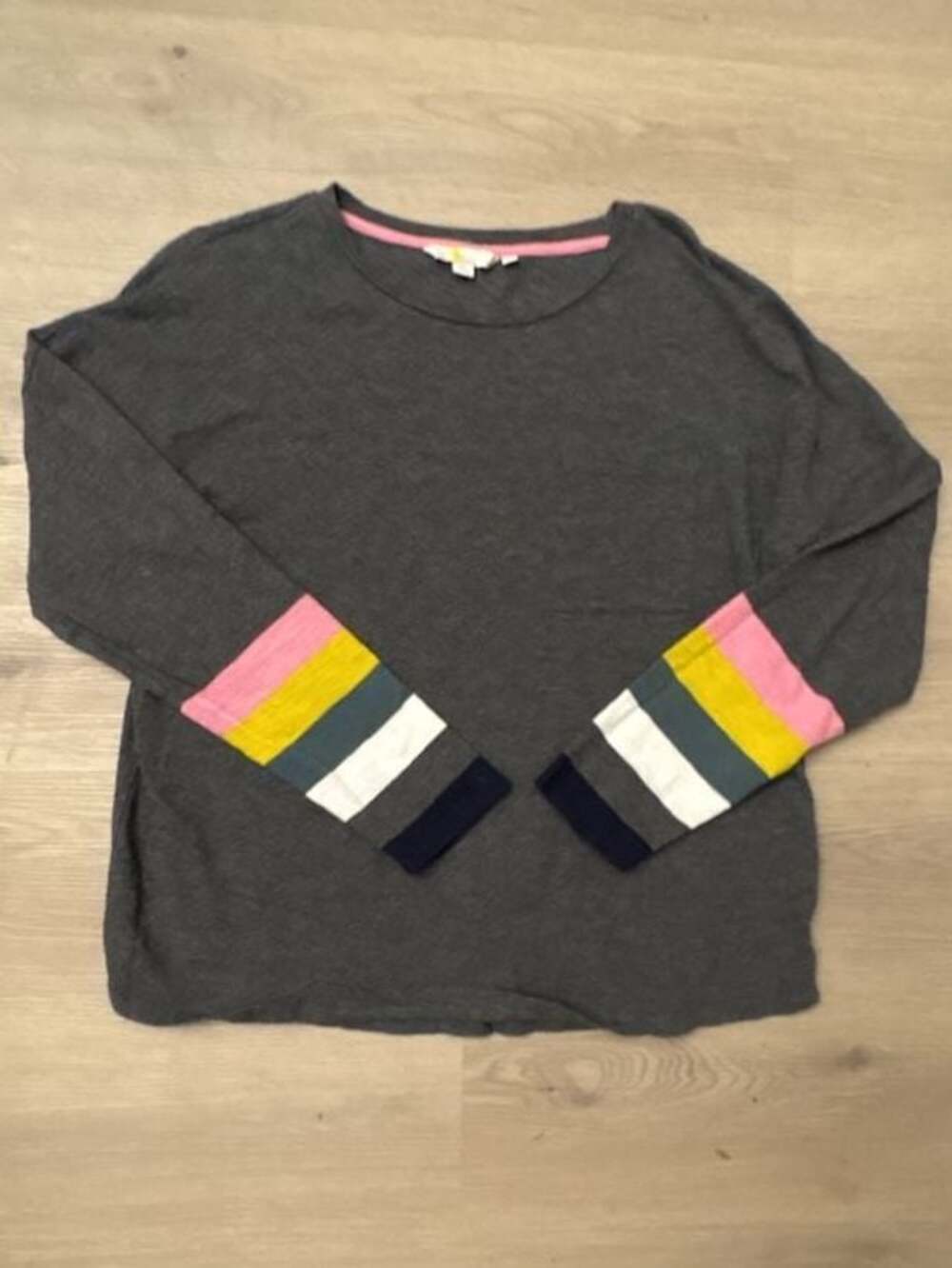 Boden Grey Long Sleeve Top with Multi-Color Striped Cuffs Size US 10